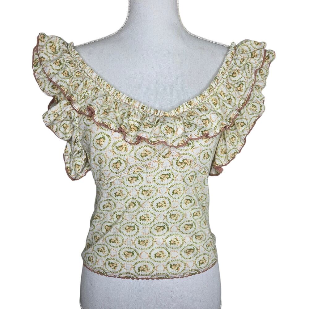 Free People Womens White Green Floral‎ Off The Shoulder Blouse Ruffle SZ M Boho